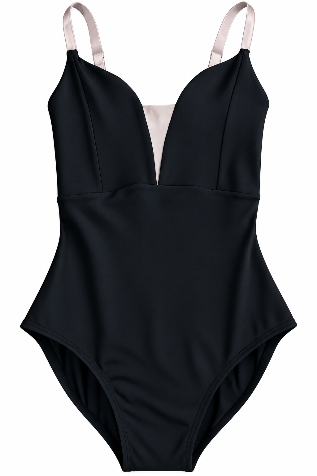 A black one-piece leotard a plunging V-neckline and contrasting pale pink shoulder straps, shown against a plain white background.