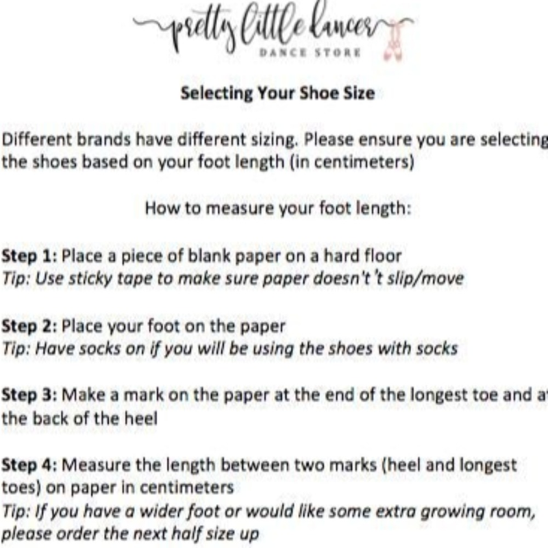 Pretty Little Dancer_ Ballet Shoes_ Size Guide