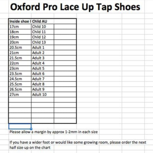 Pretty Little Dancer_ Oxford Tap Shoes_ Size Chart
